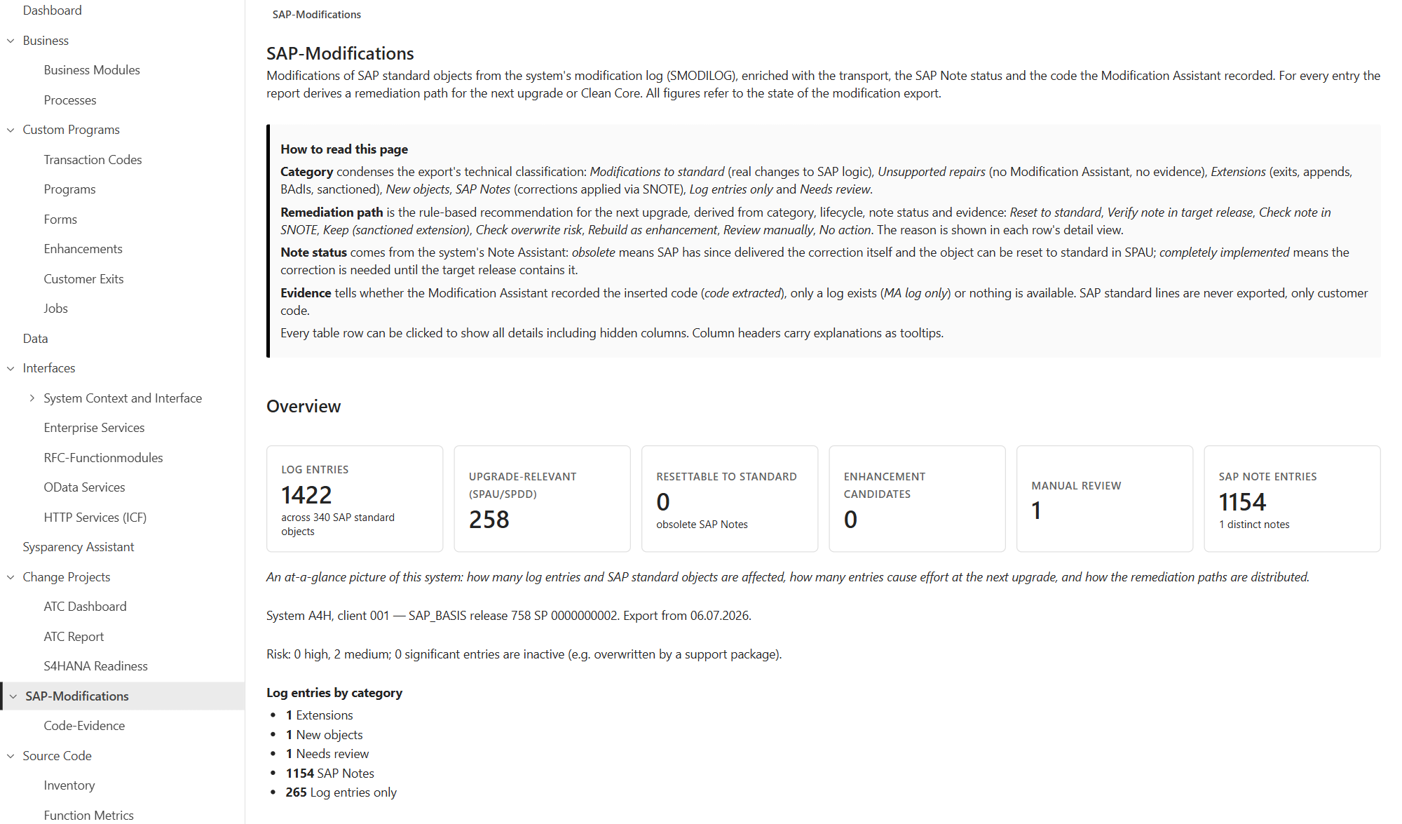 صفحة تعديلات SAP في تقرير Sysparency