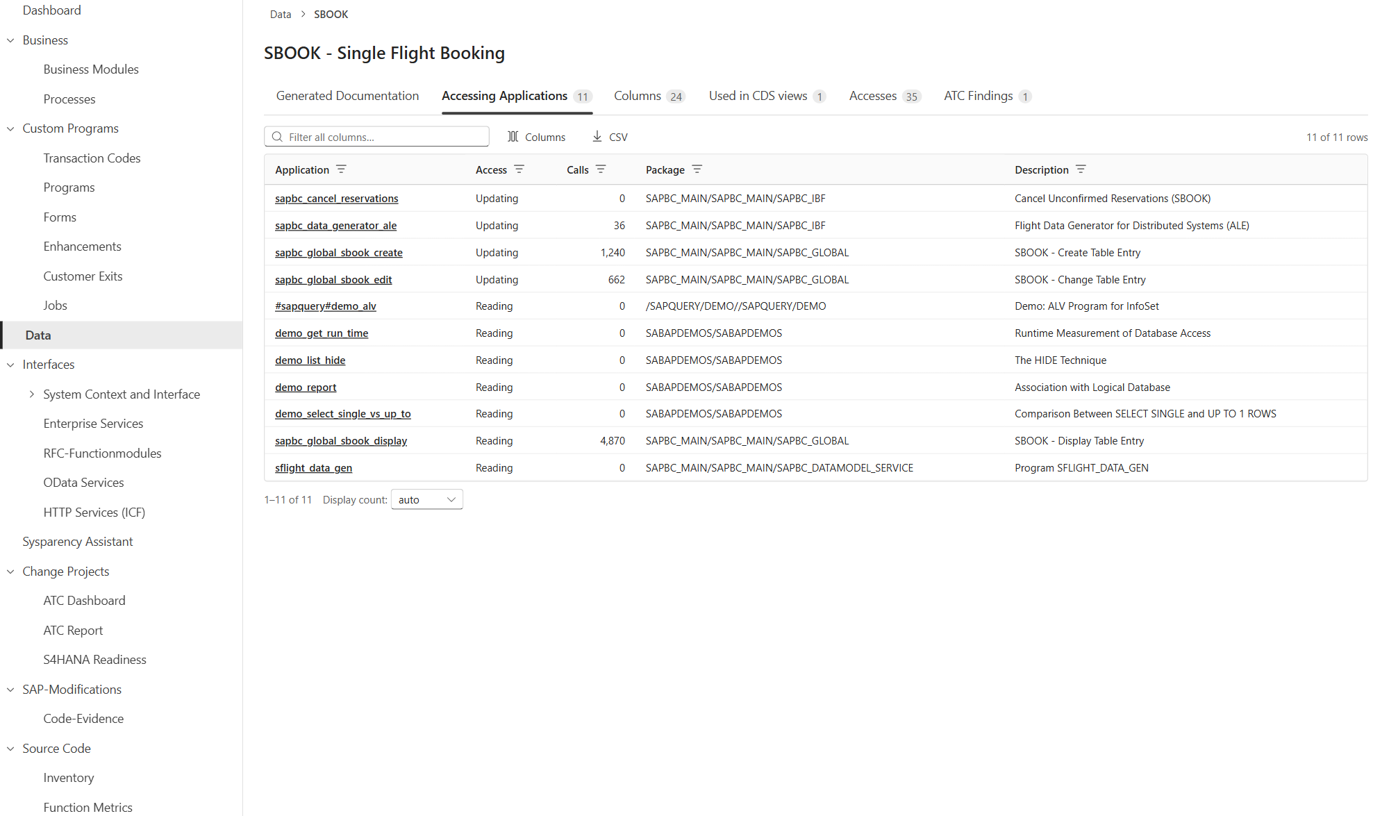 Every application accessing the booking table SBOOK, with call counts
